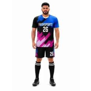 Black blue pink soccer uniform designed by Faish Sports for football teams