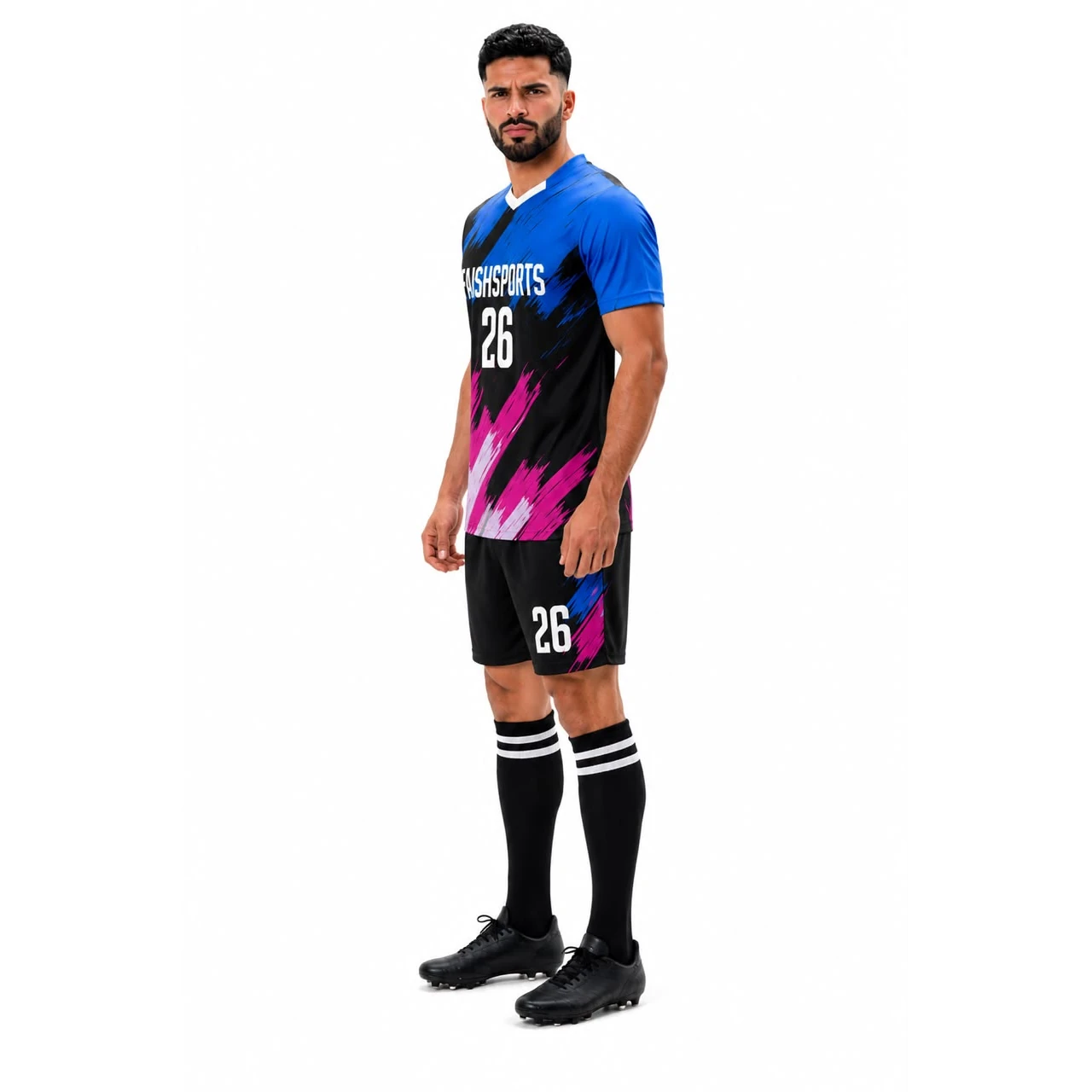 Black blue pink soccer uniform designed by Faish Sports for football teams