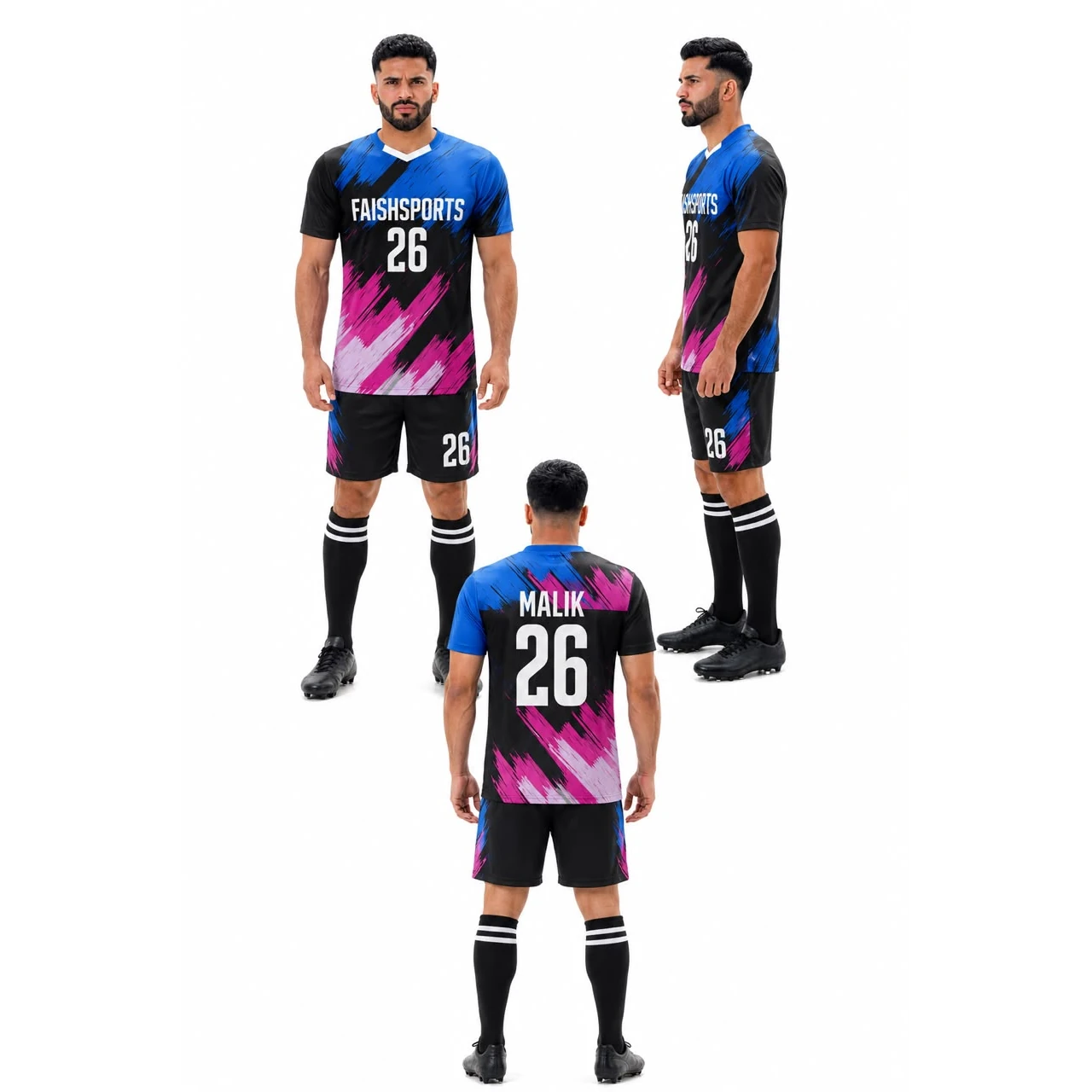 Black blue pink soccer uniform designed by Faish Sports for football teams