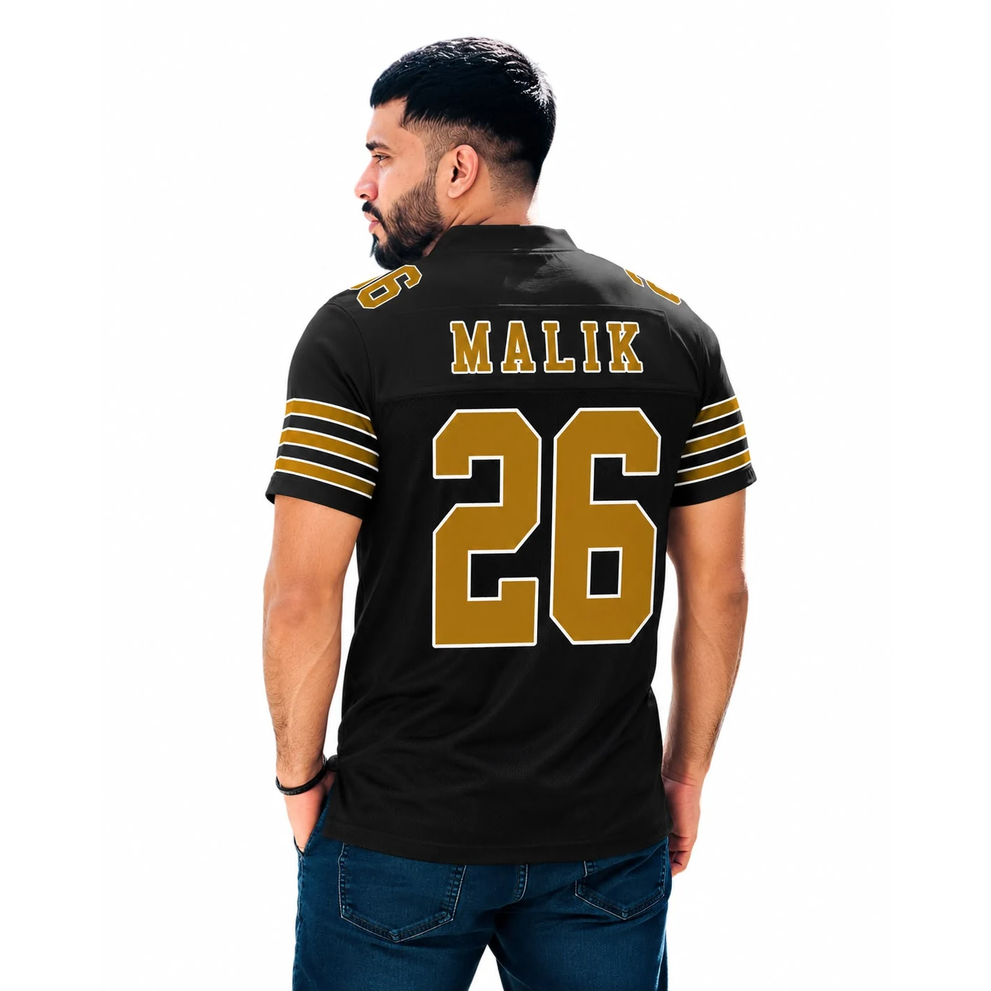 Black gold American football jersey with custom team design and number 26