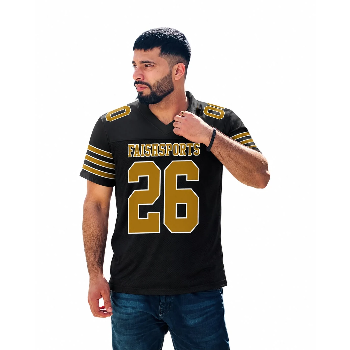 Black gold American football jersey with custom team design and number 26