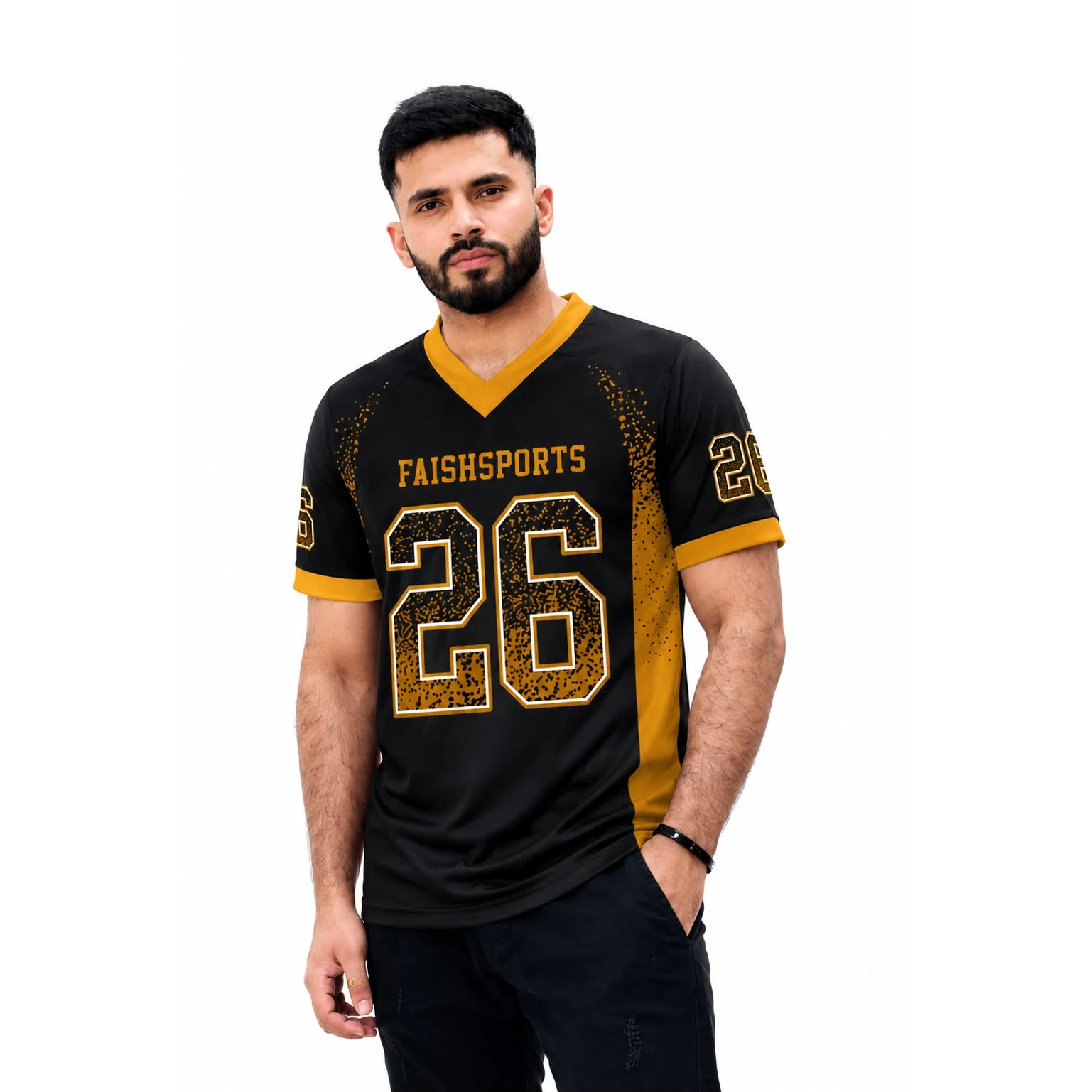 Black gold football uniform with custom team design and player number 26
