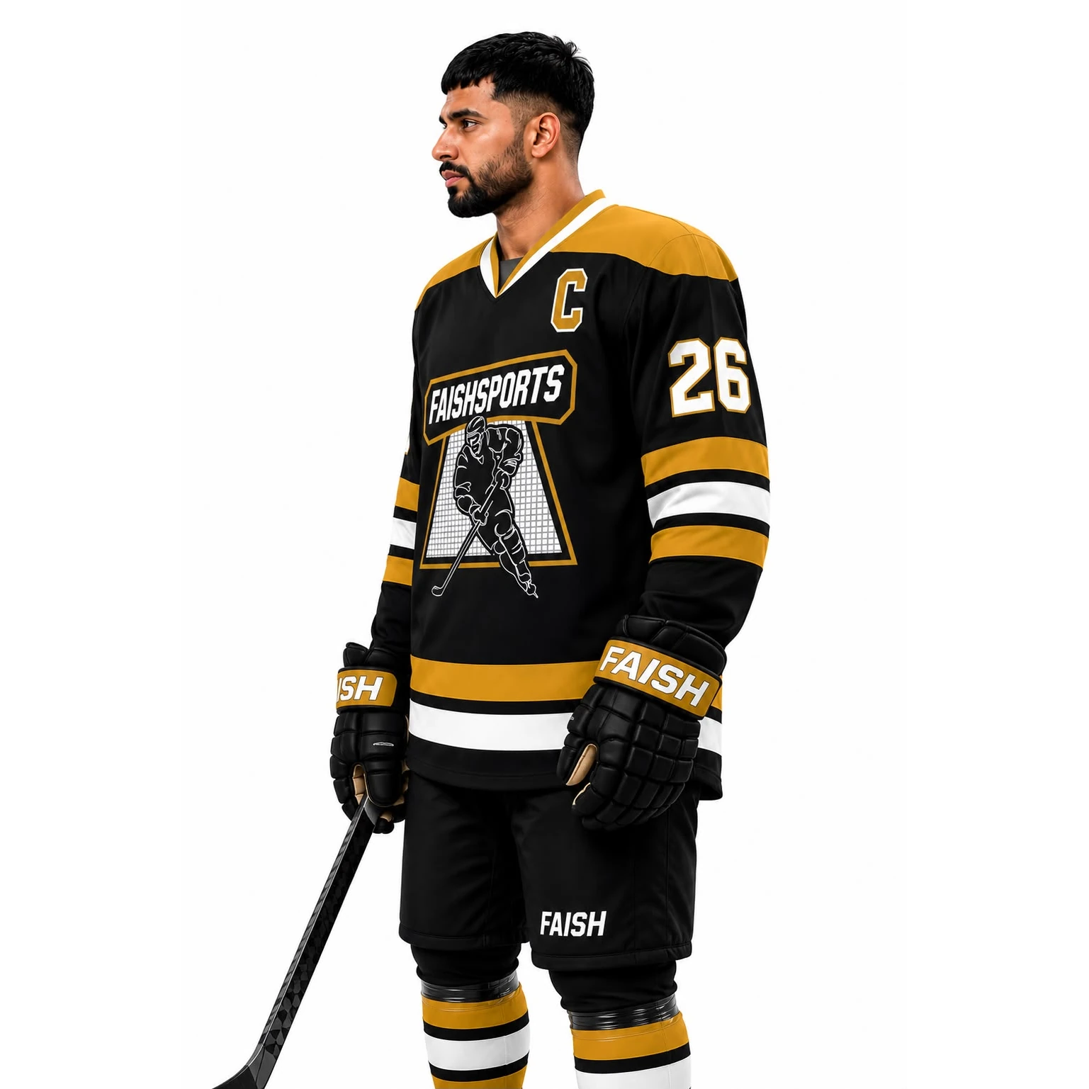 Black gold ice hockey jersey designed by Faish Sports for hockey teams