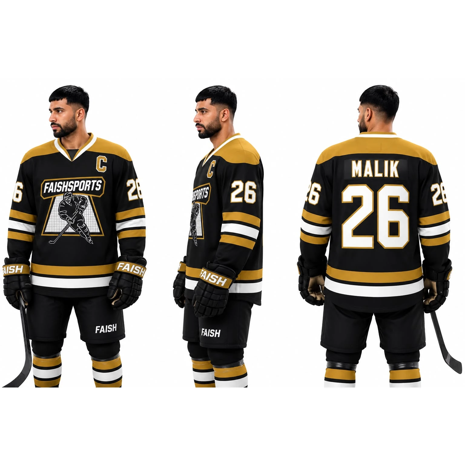 Black gold ice hockey jersey designed by Faish Sports for hockey teams