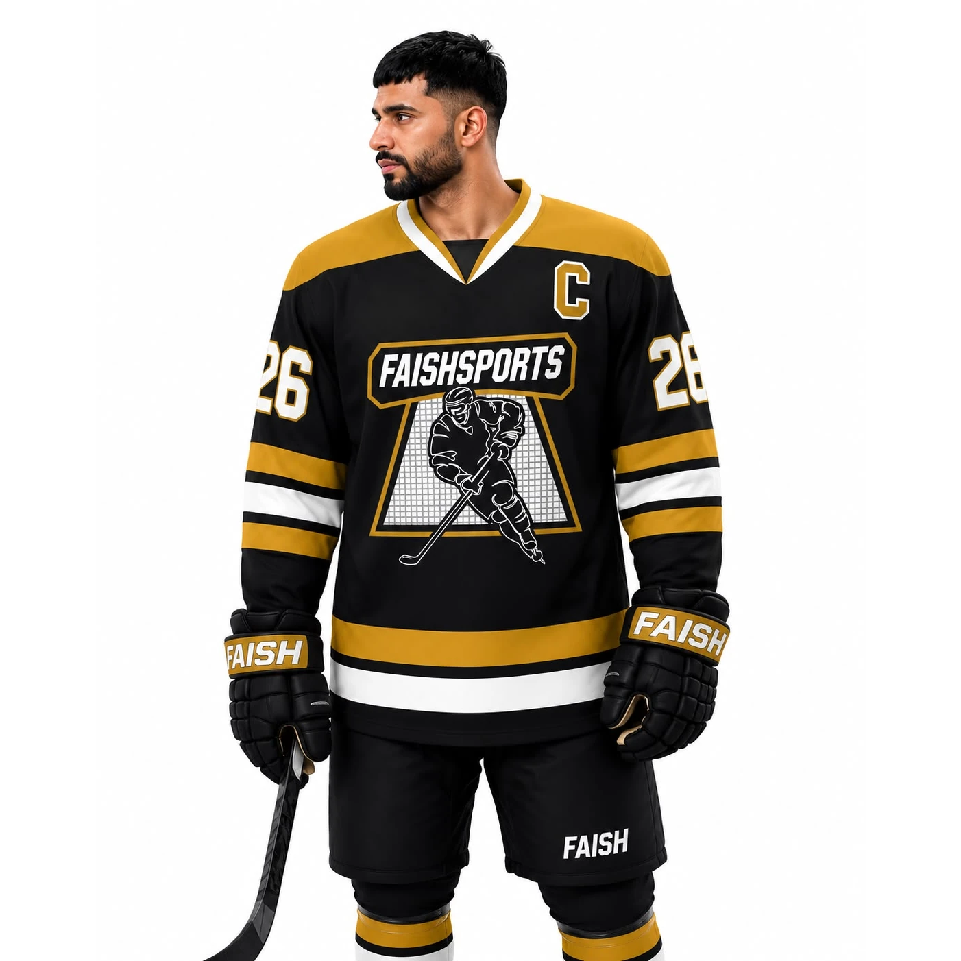Black gold ice hockey jersey designed by Faish Sports for hockey teams