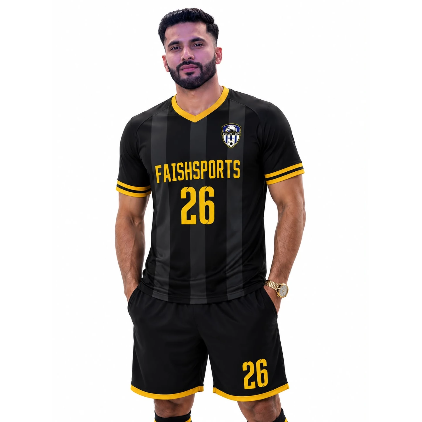 Custom black gold soccer uniform designed by Faish Sports for football teams