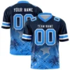 Navy blue flag football uniform with custom team design worn by athlete