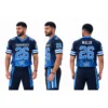 Navy blue flag football uniform with custom team design worn by athlete
