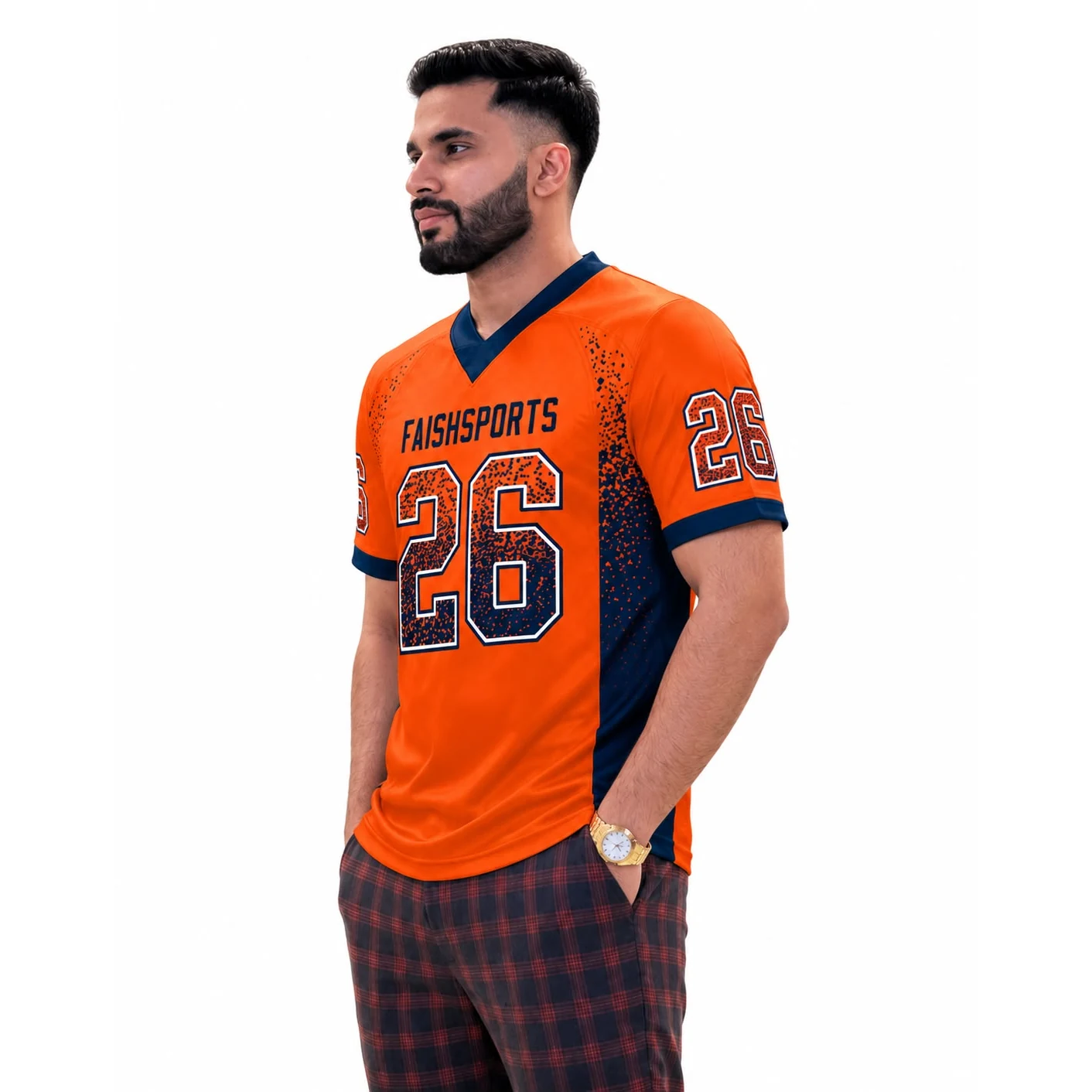 Orange navy American football jersey with custom team design and number 26