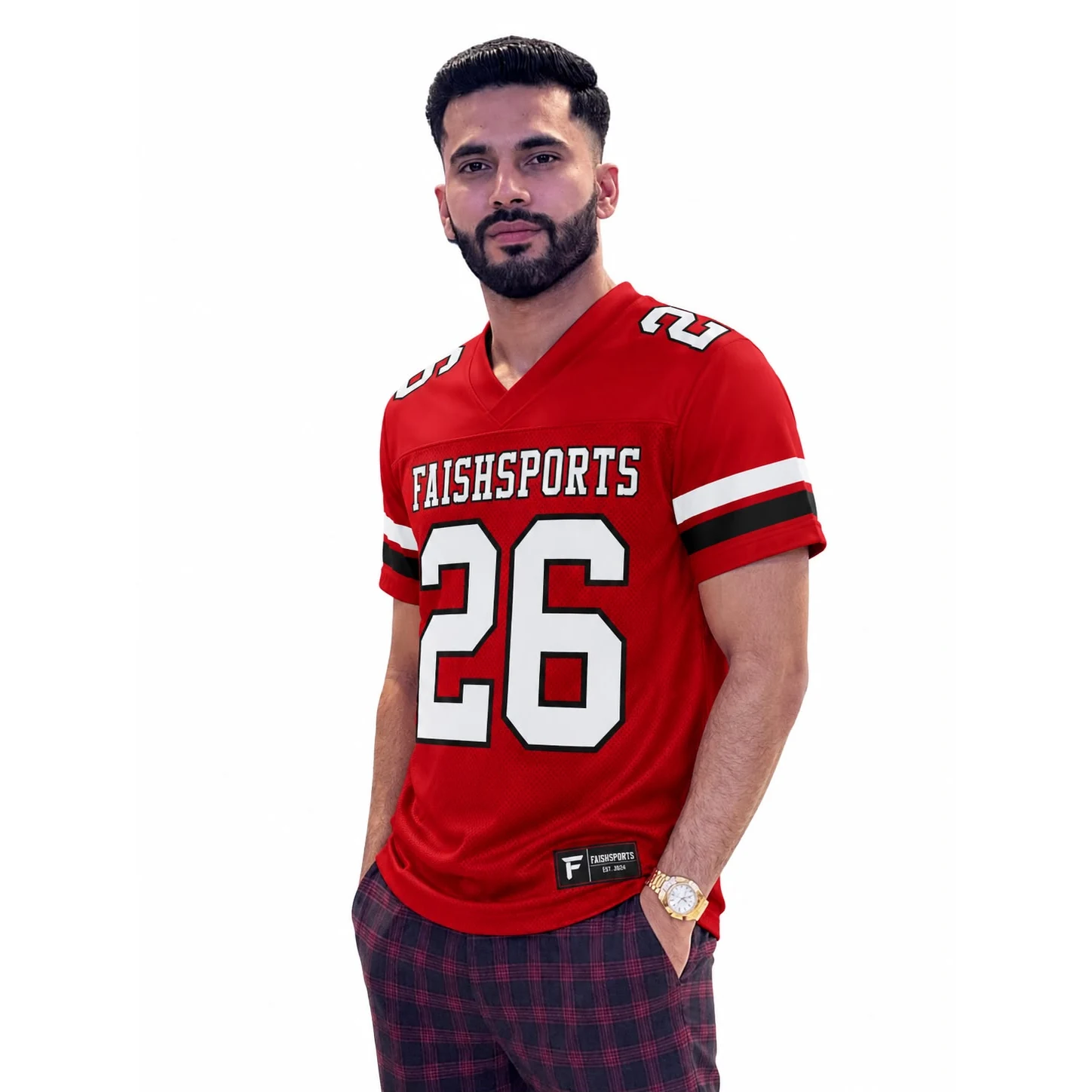 Red football uniform with custom team design and player number 26