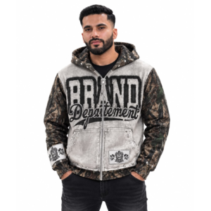 Premium graphic zip up hoodie with streetwear design and printed sleeves