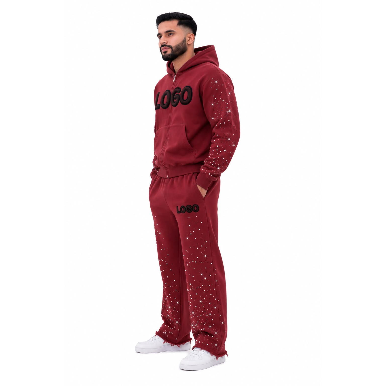 Burgundy Luxury Fashion Tracksuit with rhinestone hoodie and jogger pants