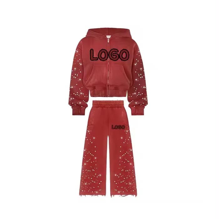 Burgundy Luxury Fashion Tracksuit with rhinestone hoodie and jogger pants