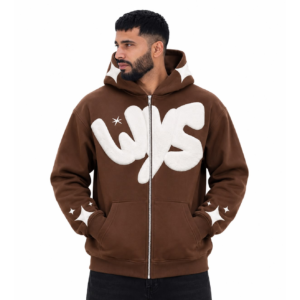 Brown graphic hoodie with oversized front design and streetwear style