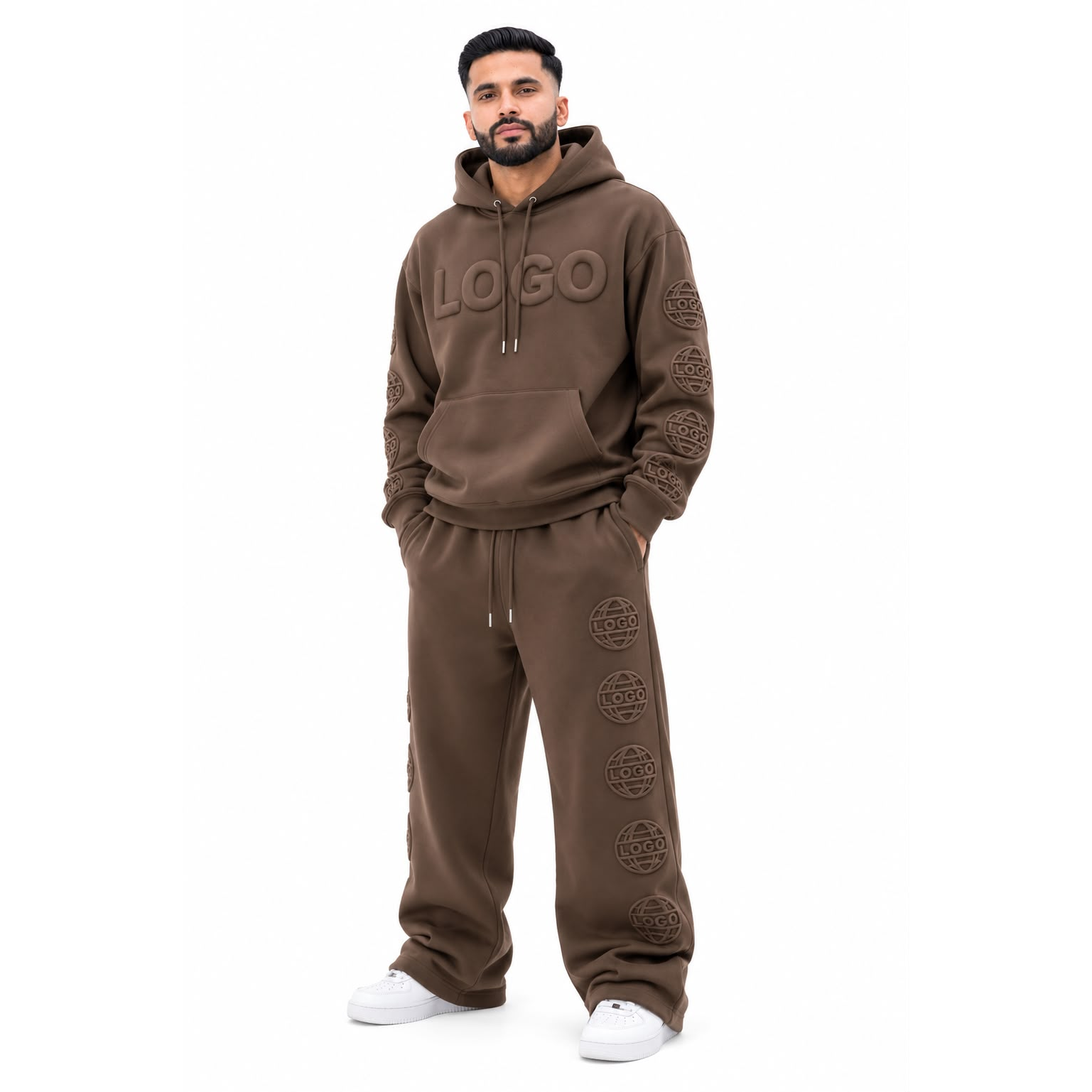 Premium Hoodie Tracksuit brown embossed logo hoodie and jogger set