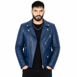 Blue Leather Motorcycle Jacket Premium Men's Biker Jacket by Faish Sports